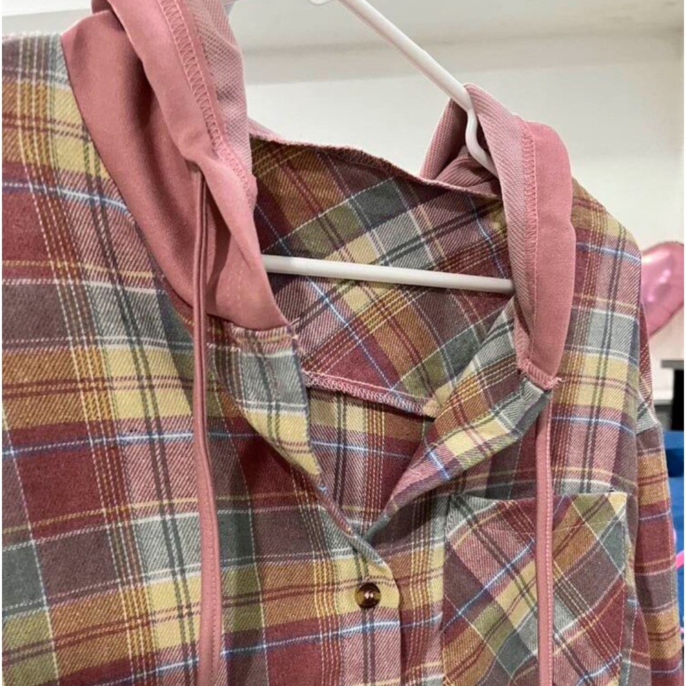 Classic Plaid Checkered Hoodie Button Down Up Shirt Top - Picture 6 of 7